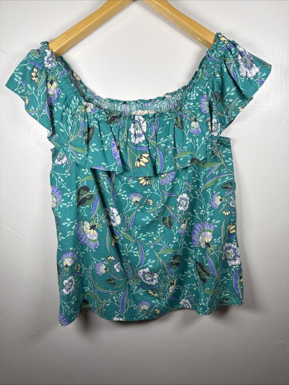 Loft Floral Ruffle Shirt Linen Blend Off Shoulder Women's Size Medium Colorful